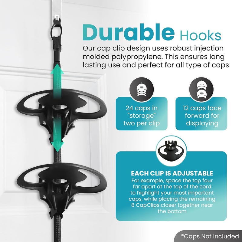 Perfect Curve Cap Rack System 36 - Baseball Cap Organizer with 12 Clips for Up to 36 Caps, Black - Image 2